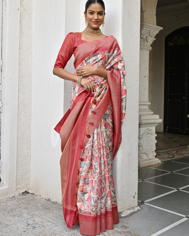 Off White Banarsi Silk Floral Printed Woven Saree
