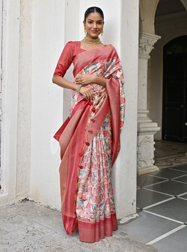 Off White Banarsi Silk Floral Printed Woven Saree