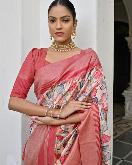 Off White Banarsi Silk Floral Printed Woven Saree