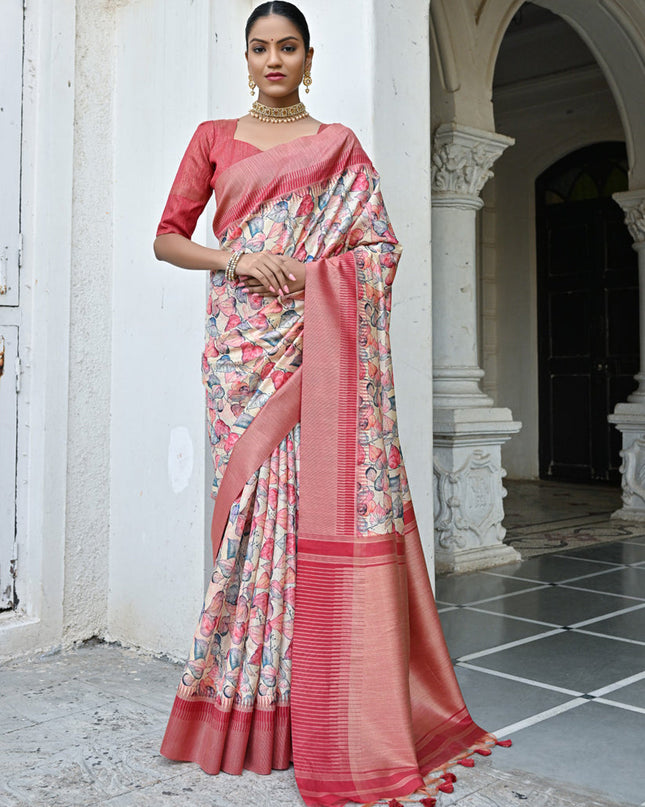 Off White Banarsi Silk Floral Printed Woven Saree