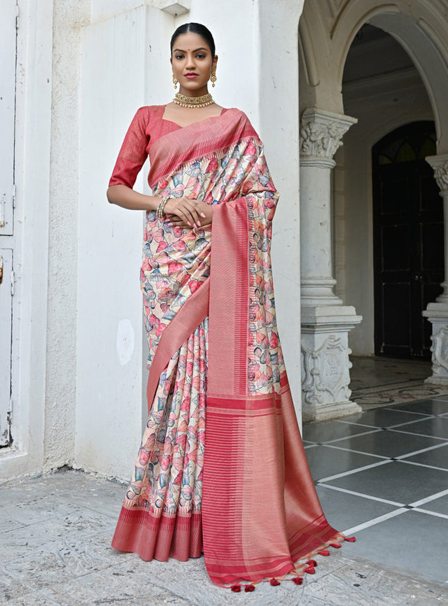 Off White Banarsi Silk Floral Printed Woven Saree