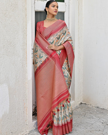 Off White Banarsi Silk Floral Printed Woven Saree