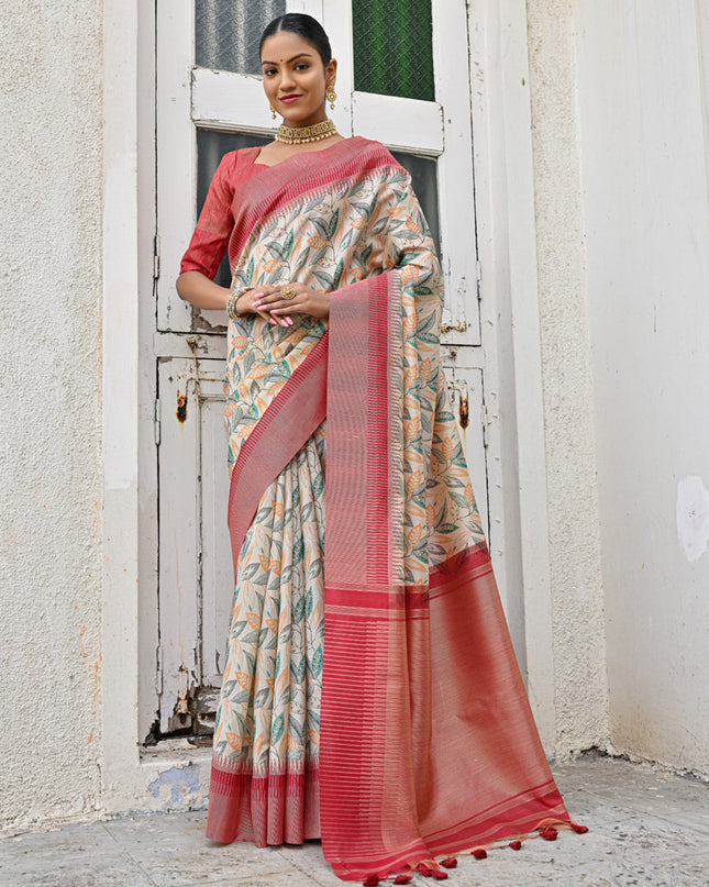 Off White Banarsi Silk Floral Printed Woven Saree