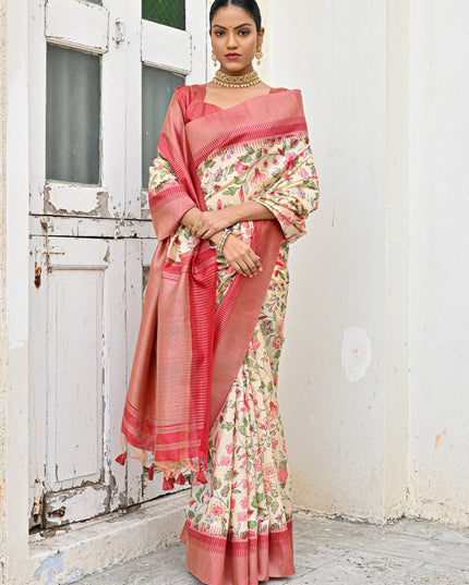 Off White Banarsi Silk Floral Printed Woven Saree