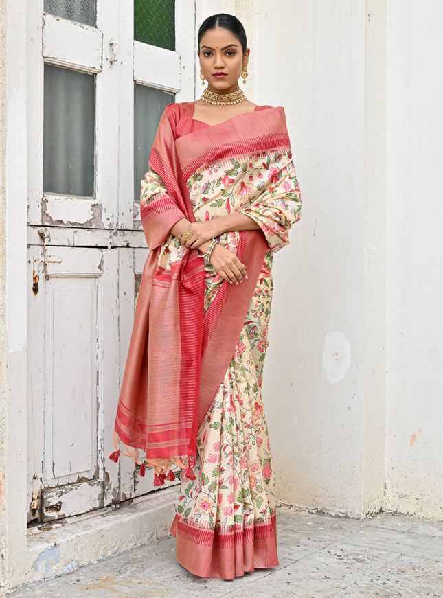 Off White Banarsi Silk Floral Printed Woven Saree
