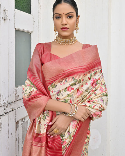 Off White Banarsi Silk Floral Printed Woven Saree