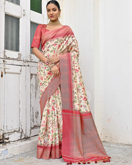 Off White Banarsi Silk Floral Printed Woven Saree