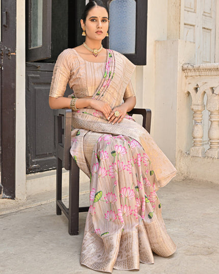 Beige Banarasi Silk Zari Woven Saree For Festival