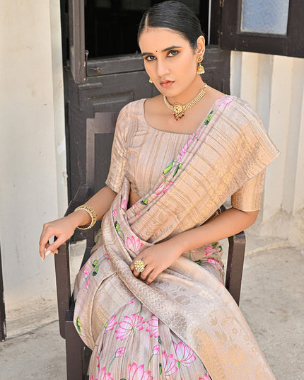 Beige Banarasi Silk Zari Woven Saree For Festival