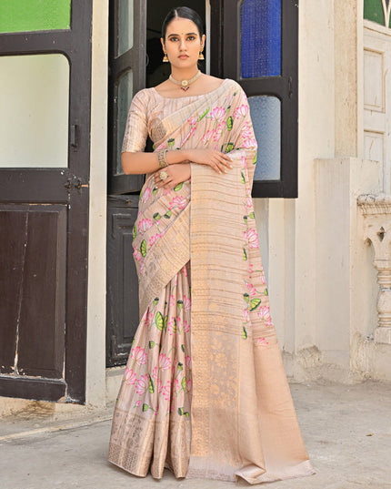 Beige Banarasi Silk Zari Woven Saree For Festival