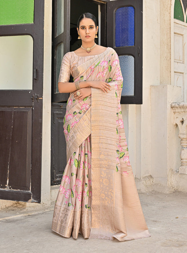 Beige Banarasi Silk Zari Woven Saree For Festival