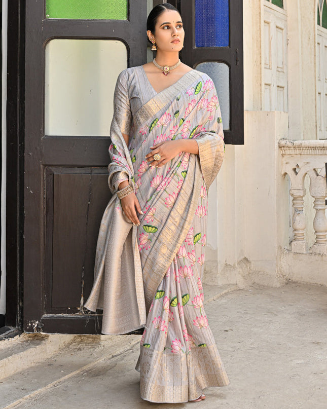 Grey Banarasi Silk Zari Woven Saree For Festival