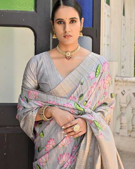 Grey Banarasi Silk Zari Woven Saree For Festival