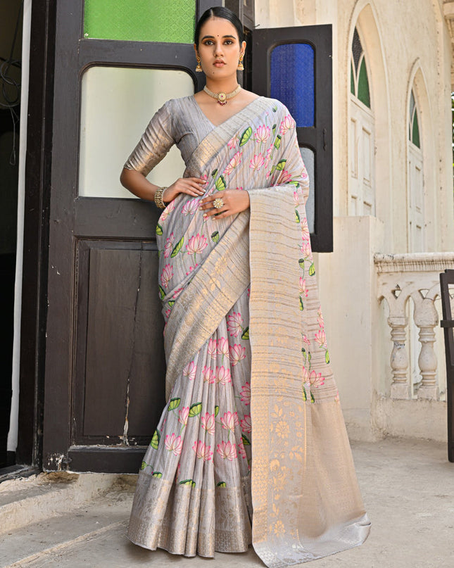Grey Banarasi Silk Zari Woven Saree For Festival