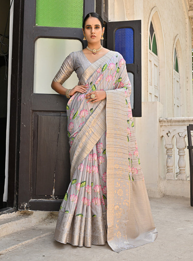 Grey Banarasi Silk Zari Woven Saree For Festival