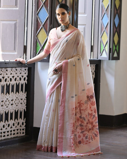 Ivory Cotton Ikkat Woven Saree For Festival
