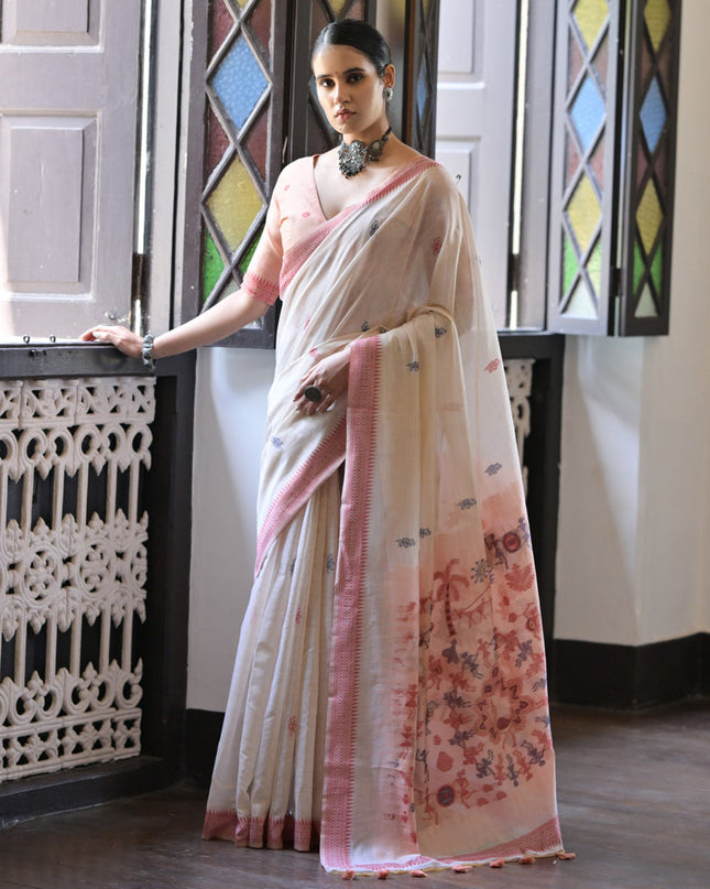 Ivory Cotton Ikkat Woven Saree For Festival