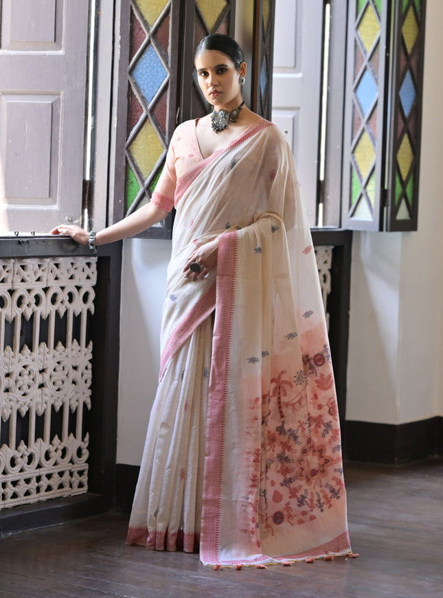 Ivory Cotton Ikkat Woven Saree For Festival