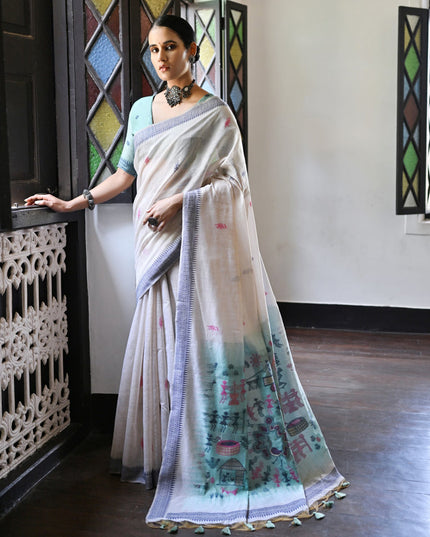 Ivory Cotton Ikkat Woven Saree For Festival