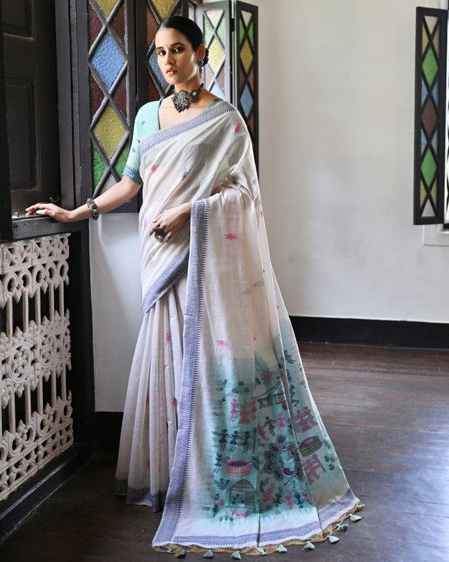 Ivory Cotton Ikkat Woven Saree For Festival