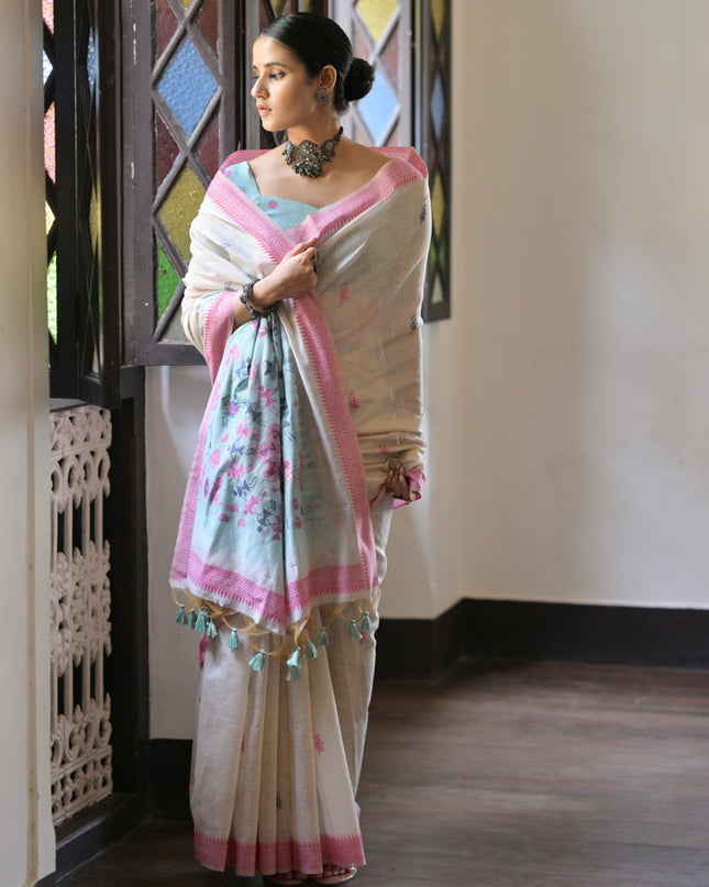 Ivory Cotton Ikkat Woven Saree For Festival