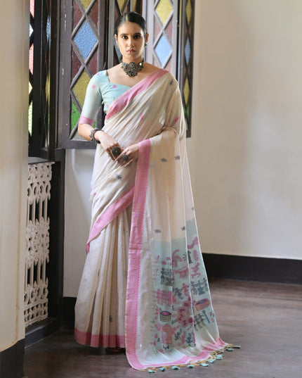 Ivory Cotton Ikkat Woven Saree For Festival