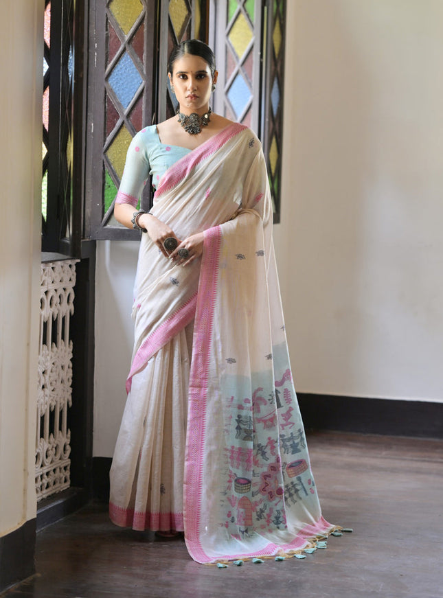 Ivory Cotton Ikkat Woven Saree For Festival