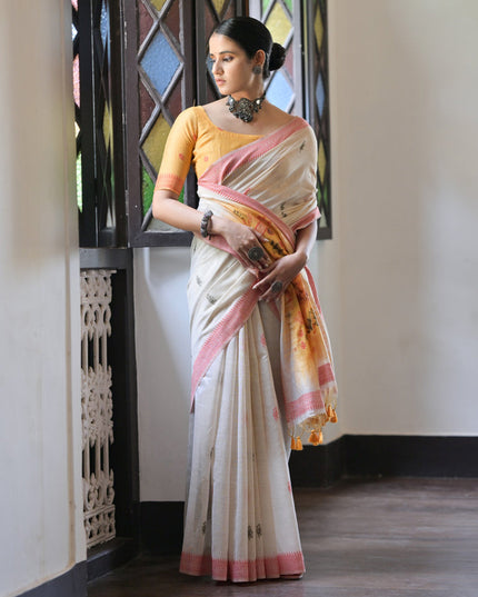 Ivory Cotton Ikkat Woven Saree For Festival