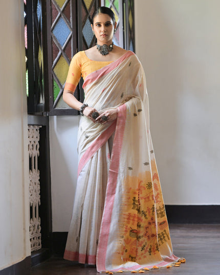 Ivory Cotton Ikkat Woven Saree For Festival