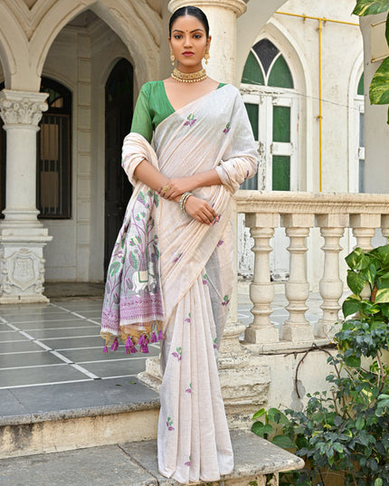 Off White Cotton Printed Woven Saree