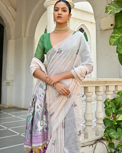 Off White Cotton Printed Woven Saree