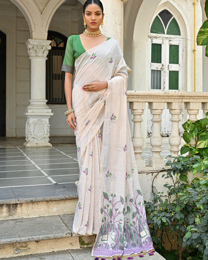 Off White Cotton Printed Woven Saree