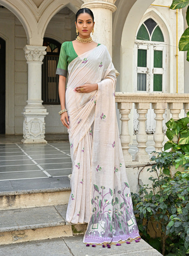 Off White Cotton Printed Woven Saree