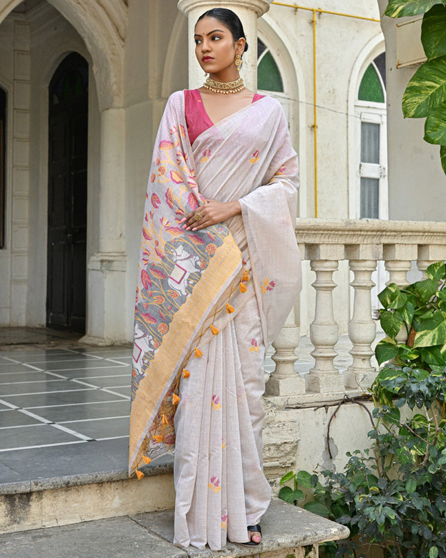 Off White Cotton Printed Woven Saree