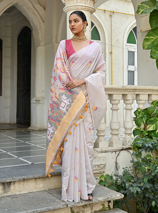 Off White Cotton Printed Woven Saree
