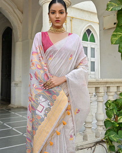 Off White Cotton Printed Woven Saree