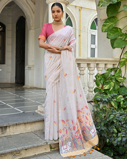 Off White Cotton Printed Woven Saree