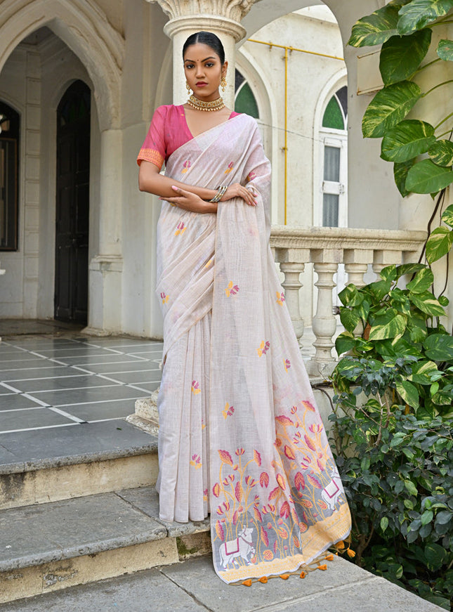 Off White Cotton Printed Woven Saree