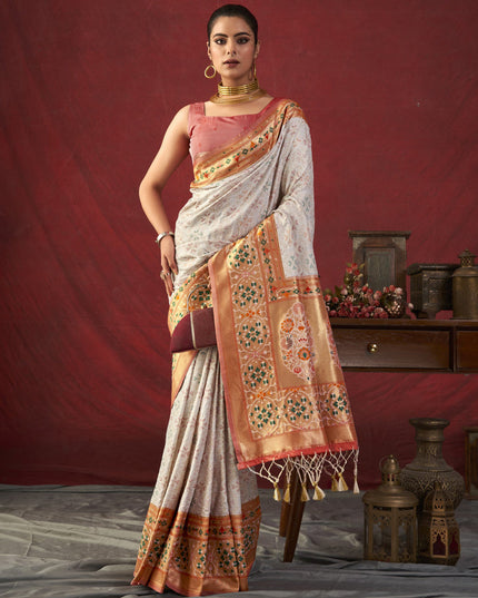 White Paithani Silk Zari Woven Saree For Festival