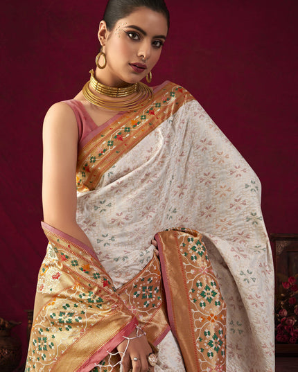 White Paithani Silk Zari Woven Saree For Festival
