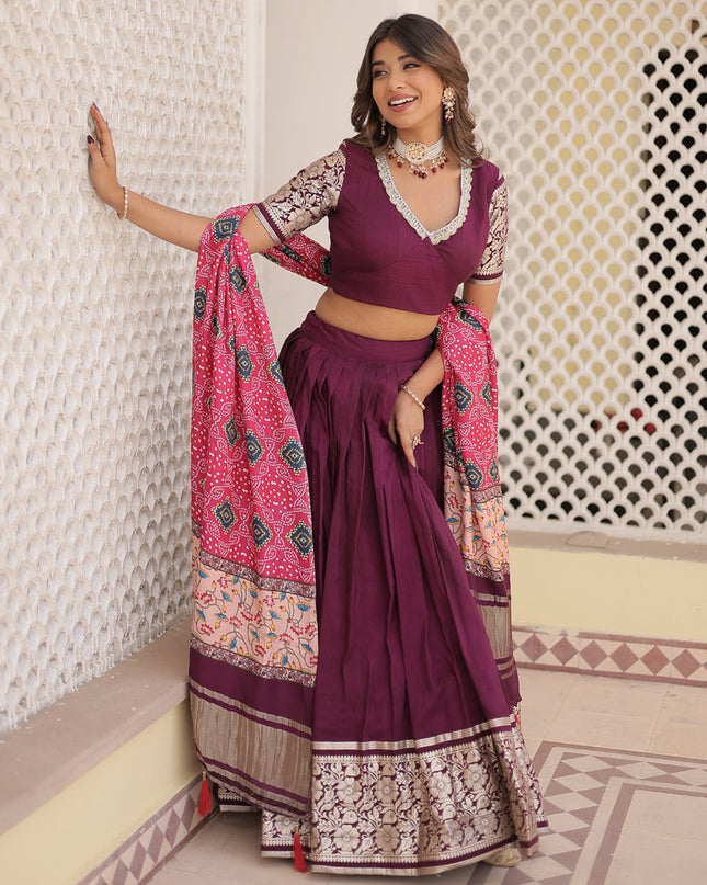 Wine Viscose Jacquard Printed Lehenga Choli for Festival