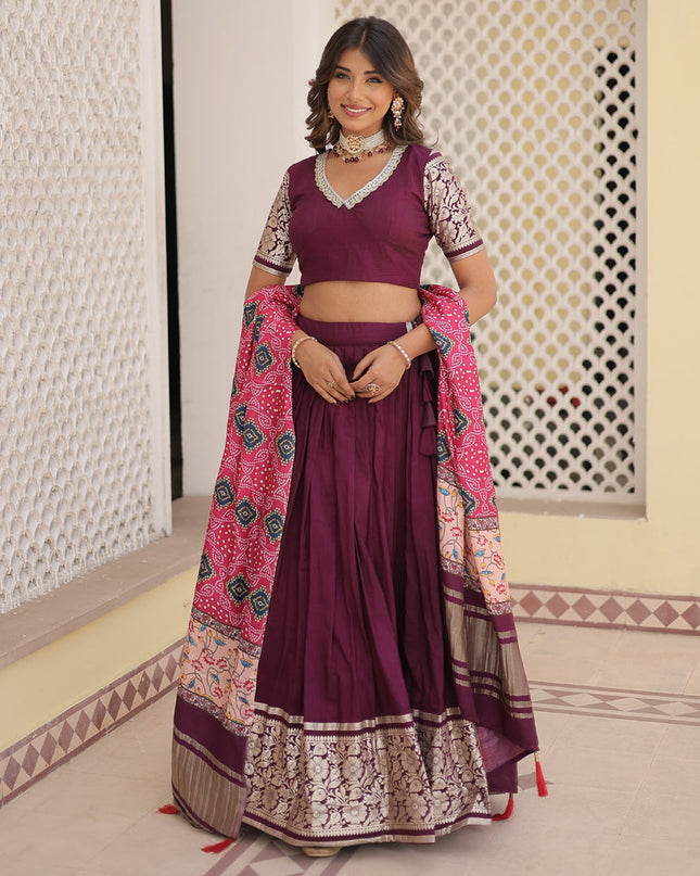 Wine Viscose Jacquard Printed Lehenga Choli for Festival
