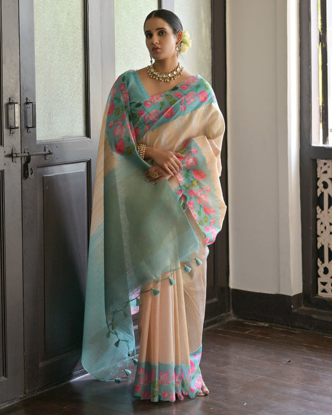 Cream Banarasi Silk Zari Woven Saree For Festival