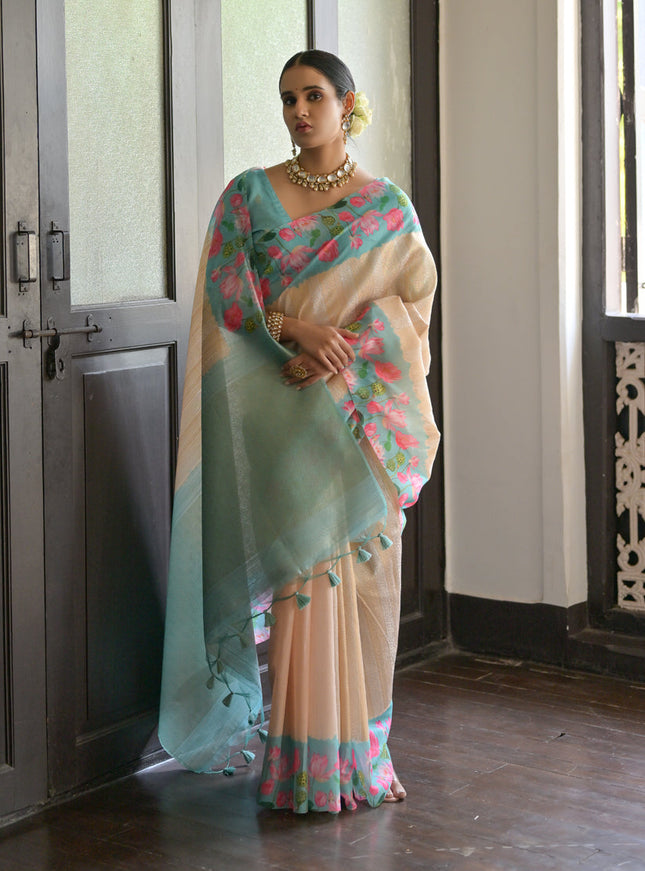 Cream Banarasi Silk Zari Woven Saree For Festival