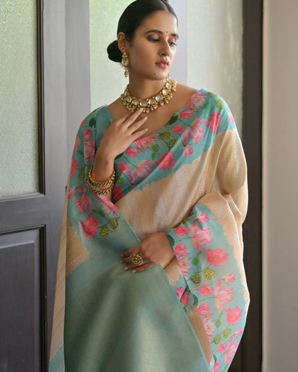 Cream Banarasi Silk Zari Woven Saree For Festival