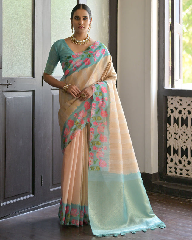 Cream Banarasi Silk Zari Woven Saree For Festival