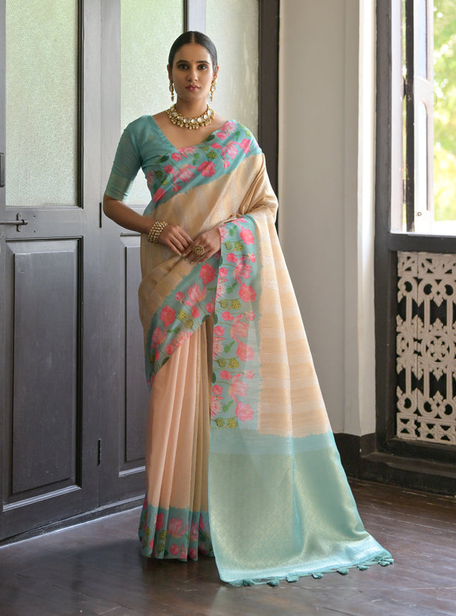Cream Banarasi Silk Zari Woven Saree For Festival