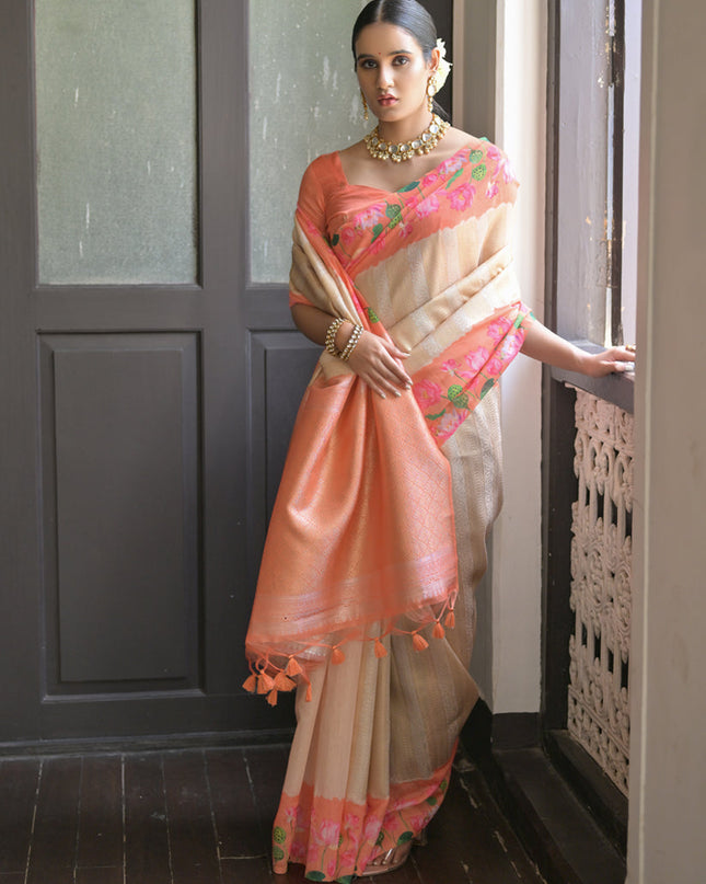 Cream Banarasi Silk Zari Woven Saree For Festival