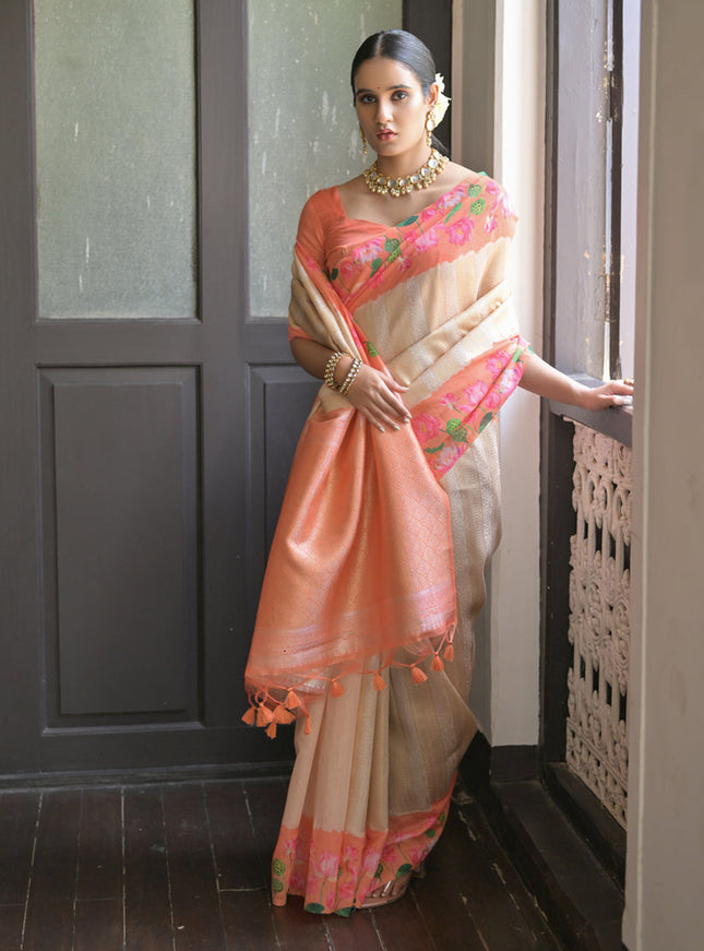 Cream Banarasi Silk Zari Woven Saree For Festival