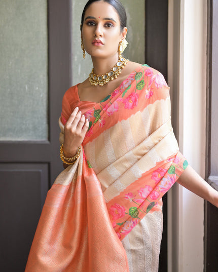 Cream Banarasi Silk Zari Woven Saree For Festival